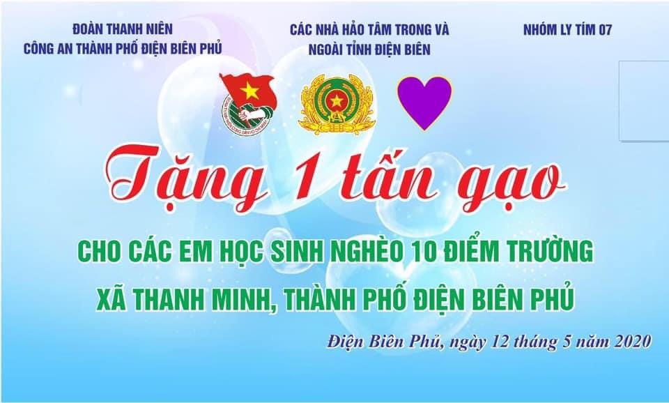 Đoàn thanh niên công an TP Điện Biên Phủ  phối hợp cùng nhóm  thiện nguyện “Ly Tím 07” đã tổ chức trao tặng 1 tấn gạo cho học sinh nghèo, học sinh bán trú của các trường trên địa bàn xã Thanh Minh