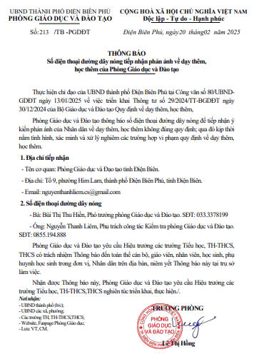 Thông báo số điện thoại đường dây nóng tiếp nhận phản ánh về dạy thêm, học thêm của Phòng Giáo dục và Đào tạo thành phố Điện Biên Phủ
